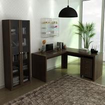 Conjunto de Escritório com Gaveteiro, Armário com 2 Portas de Vidro e Mesa Angular em L MDP Rústico Tecnomobili