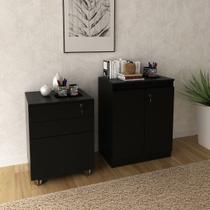 Conjunto de Escritório com Gaveteiro com Chave e Rodinhas e Balcão com 1 Prateleira 2 Portas MDP Preto Tecnomobili