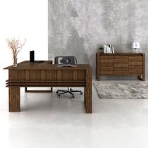 Conjunto de Escritório com Mesa 136cm em L com e Balcão 136cm com 3 portas e 1 Prateleira MDP Branco Tecnomobili