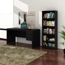 Conjunto de Escritório com Mesa 155cm com 3 Gavetas e Estante Multiuso com 5 Prateleiras MDP Preto Tecnomobili