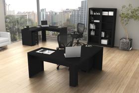 Conjunto de Escritório com Mesa Angular em L 157,3cm, Gaveteiro 3 Gavetas e Estante 5 Prateleiras MDP Preto Tecnomobili