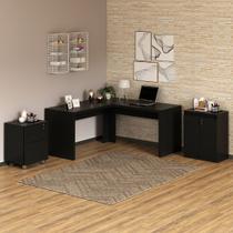 Conjunto de Escritório com Mesa Angular em L 157,3cm, Gaveteiro e Balcão 1 Prateleira 2 Portas MDP Preto Tecnomobili