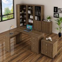 Conjunto de Escritório com Mesa, Balcão, Estante, 2 Armários, Gaveteiro MDP NogalTecnomobili