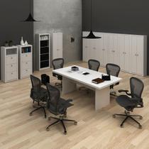 Conjunto de Escritório com Mesa de Reunião, 2 Gaveteiros 3 Gavetas, Estante e 7 Armários 2 Portas MDP Branco Tecnomobi
