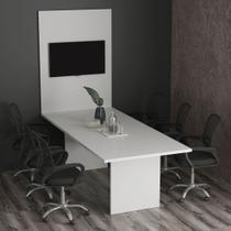 Conjunto de Escritório com Mesa de Reunião 220cm e Painel Suspenso até 37 Polegadas MDP Amendoa Tecnomobili