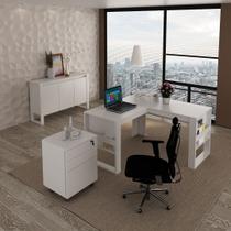 Conjunto de Escritório com Mesa em L, Balcão 136cm com 3 Portas e Gaveteiro Escritório MDP Amêndoa Tecnomobili