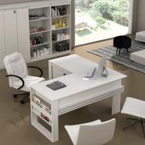 Conjunto de Escritório com Mesa em L, Gaveteiro, Armário 4 Prateleiras e 2 Estantes com 2 Portas MDP Branco Tecnomobili