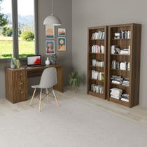 Conjunto de Escritório com Mesa Reta 3 Gavetas e 2 Estantes com 5 Prateleiras MDP Amêndoa Tecnomobili