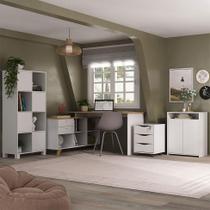 Conjunto de Escrivaninha com Armário de Escritório, Estante e Gaveteiro 6 PT 5 GV Wally Gold Cool Branco Conjunto de Escrivaninha com Armário de Escritório, Estante e Gaveteiro 6 PT 5 GV Wally Gold Cool Branco