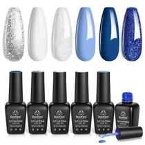 Conjunto de esmaltes de gel besouros White Glitter Azul marinho x6