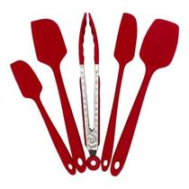 Conjunto De Espátulas E Pegador Em Silicone Utensílios Cozinha Doméstico Casa Prático Resistente 5 Peças Vermelho