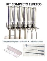 conjunto de Espetos Churrasco Lâmina 70cm com Porta Espeto e Rastelo carvão