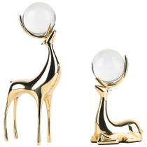 Conjunto de estátuas de veado suruim Golden Deer com bola de cristal em latão