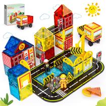 Conjunto de estradas de azulejos magnéticos HarworLife com caminhões de bombeiros e 2 bonecos