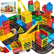 Conjunto de estradas Magnetic Tiles brinquedos para construção urbana, blocos magnéticos com guindaste e carro extensíveis, brinquedos infantis para meninos e meninas a partir de 3 anos, presentes criativos para jogos infantis