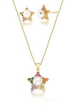 Conjunto de estrela colorida com pérola central banhado a ouro