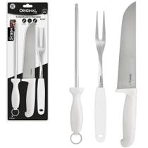 conjunto de faca de churrasco 8'' + garfo 7'' + chaira 8'' de inox cabo plastico branco pantanal
