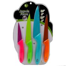conjunto de faca de cozinha de inox cabo plástico colors 4 peças - HM COMERCIO