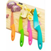 Conjunto de faca de inox para cozinha colorida rosa, laranja azul e verde com 4 peças
