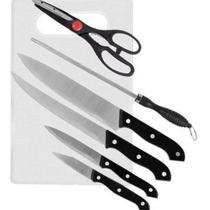 Conjunto de Faca Inox 7 Peças Cabo Preto Tesoura e Chaíra
