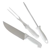 Conjunto de Facas 3 Peças Faca Garfo e Chaira Cabo Branco Conjunto de Facas 3 Peças Faca Garfo e Chaira Cabo Branco