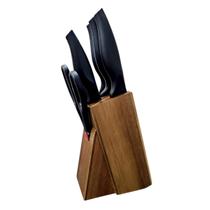 Conjunto de Facas Brinox Linha Cross 7 Peças em Aço Inox com Cepo de Madeira e Tesoura Multiuso
