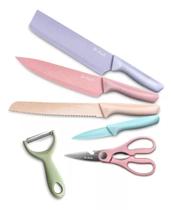 Conjunto De Facas Coloridas Tesoura Descascador 6 Peças Conjunto De Facas Coloridas Tesoura Descascador 6 Peças