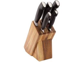 Conjunto de Facas Elegance Preto 5 Peças em Inox + Cepo Madeira - 6600-5 Mundial