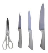 Conjunto De Facas Inox Tesoura Afiador 5 Peças Cozinha Utensílios Domésticos
