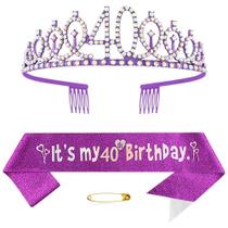 Conjunto de faixa de aniversário e coroa roxo de 40º aniversário para mulheres