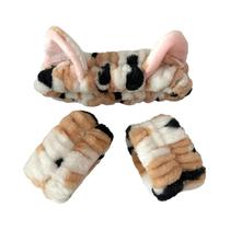 Conjunto De Faixa De Cabelo De Pelúcia Com Orelhas De Gato E Alça De Pulso Para Lavar O Rosto E