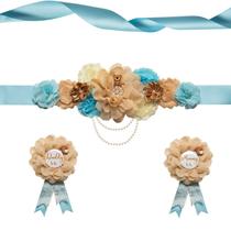 Conjunto de faixas de maternidade Afkengung Teddy Bear Papai e mamãe para serem faixas Corpete Pin Flowers Baby Shower Souvenir Sash Supplies Gender Revelation Decorações de revelação de gênero Adereços fotográficos de gravidezCor azul-celeste