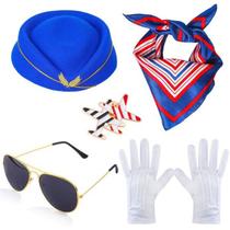 Conjunto de Fantasia Cosplay Piloto Azul com Chapéu, Cachecol, Óculos e Pin Conjunto de Fantasia Cosplay Piloto Azul com Chapéu, Cachecol, Óculos e Pin