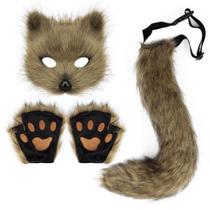 Conjunto de fantasia de raposa com máscara de pelúcia, luvas e cauda para Halloween e cosplay