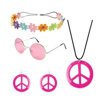 Conjunto De Fantasia Hippie Dos Anos 70 Com Colar Símbolo Da Paz, Brincos, Coroa De Flores, Tiara E