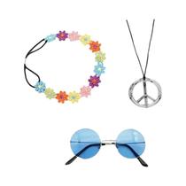Conjunto De Fantasia Hippie Feminina Dos Anos 60 E 70 Com Óculos Vintage, Colar Com Símbolo Da Paz,