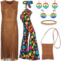 Conjunto de fantasias AOTHSO 70s Women Hippie, 8 peças, colete com franjas Conjunto de fantasias AOTHSO 70s Women Hippie, 8 peças, colete com franjas