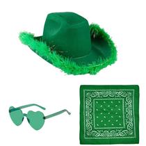 Conjunto de fantasias, chapéu de cowboy verde com acabamento em penas, óculos de bandana Conjunto de fantasias, chapéu de cowboy verde com acabamento em penas, óculos de bandana