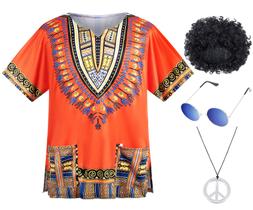 Conjunto de fantasias Hippie dos anos 60 e 70 para homens, peruca afro laranja L Conjunto de fantasias Hippie dos anos 60 e 70 para homens, peruca afro laranja L