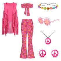 Conjunto de fantasias hippie Kooirsp dos anos 60 e 70 para meninas de 4 a 12 anos de Halloween