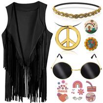 Conjunto de fantasias hippie PARTTELY, colete, colar, óculos de sol Conjunto de fantasias hippie PARTTELY, colete, colar, óculos de sol