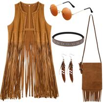 Conjunto de fantasias hippie Sintege 70s para mulheres tamanho L com franja marrom Conjunto de fantasias hippie Sintege 70s para mulheres tamanho L com franja marrom