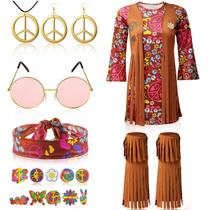 Conjunto de fantasias Kathfly Hippie para meninas e crianças dos anos 70 e 60, 18 unidades Conjunto de fantasias Kathfly Hippie para meninas e crianças dos anos 70 e 60, 18 unidades