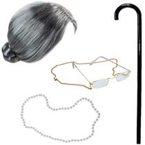 Conjunto de fantasias Tigerdoe Old Lady com bengala, peruca, colar e óculos Conjunto de fantasias Tigerdoe Old Lady com bengala, peruca, colar e óculos