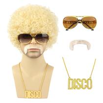 Conjunto de fantasias TUOFLY: peruca de discoteca loira masculina com colar de óculos Conjunto de fantasias TUOFLY: peruca de discoteca loira masculina com colar de óculos