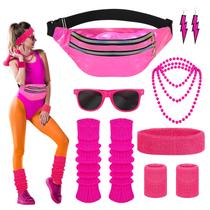Conjunto de fantasias Vyuwast 80s Fancy Dress para mulheres/meninas (rosa) Conjunto de fantasias Vyuwast 80s Fancy Dress para mulheres/meninas (rosa)