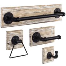 Conjunto de ferramentas de banheiro MyGift Rustic Torched Wood 4 peças Conjunto de ferramentas de banheiro MyGift Rustic Torched Wood 4 peças