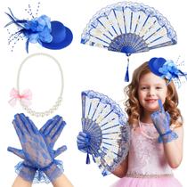 Conjunto de festa de chá Sintege Girls de 8 a 12 anos com chapéu, luvas e colar de ventilador Conjunto de festa de chá Sintege Girls de 8 a 12 anos com chapéu, luvas e colar de ventilador