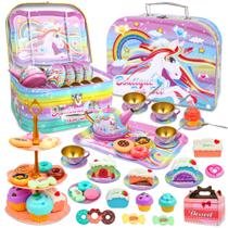 Conjunto de festa de chá SMILESSKIDDO 46 unidades para meninas de 3 a 5 com estojo de unicórnio