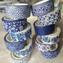 Conjunto De Fita Washi Chinoiserie Azul E Branca Com 12 Rolos, Fita Decorativa Para Diário E Conjunto De Fita Washi Chinoiserie Azul E Branca Com 12 Rolos, Fita Decorativa Para Diário E